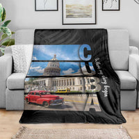 Black couch blanket featuring blue-sky landmark, red vintage car, and stacked letters