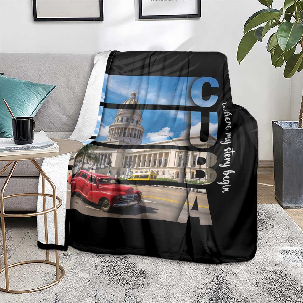 Black throw blanket with blue-sky landmark, red classic car, and bold letter graphics