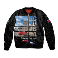 Black unisex bomber jacket with front zipper, ribbed cuffs, Cuban flag sleeve and graphic