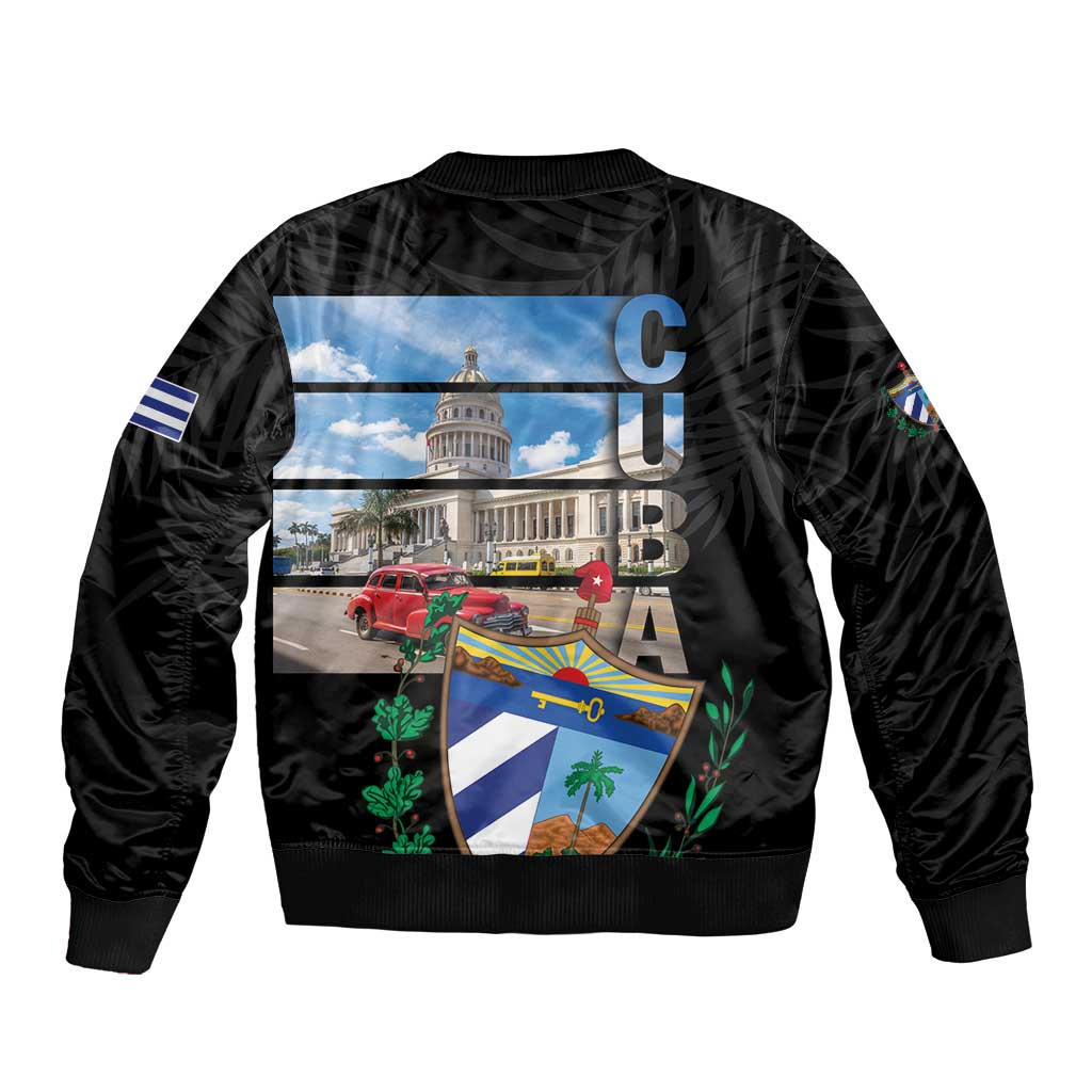 Black bomber jacket back print with map-style artwork, ribbed collar and cuffs