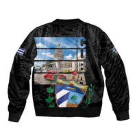 Black bomber jacket back print with map-style artwork, ribbed collar and cuffs