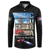 Black button sweatshirt with Cuban graphic front and 'Where my story begin'.