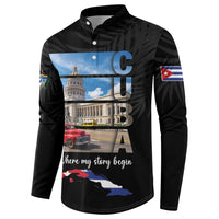 Black button sweatshirt with Cuban graphic front, 'Where my story begin' text.