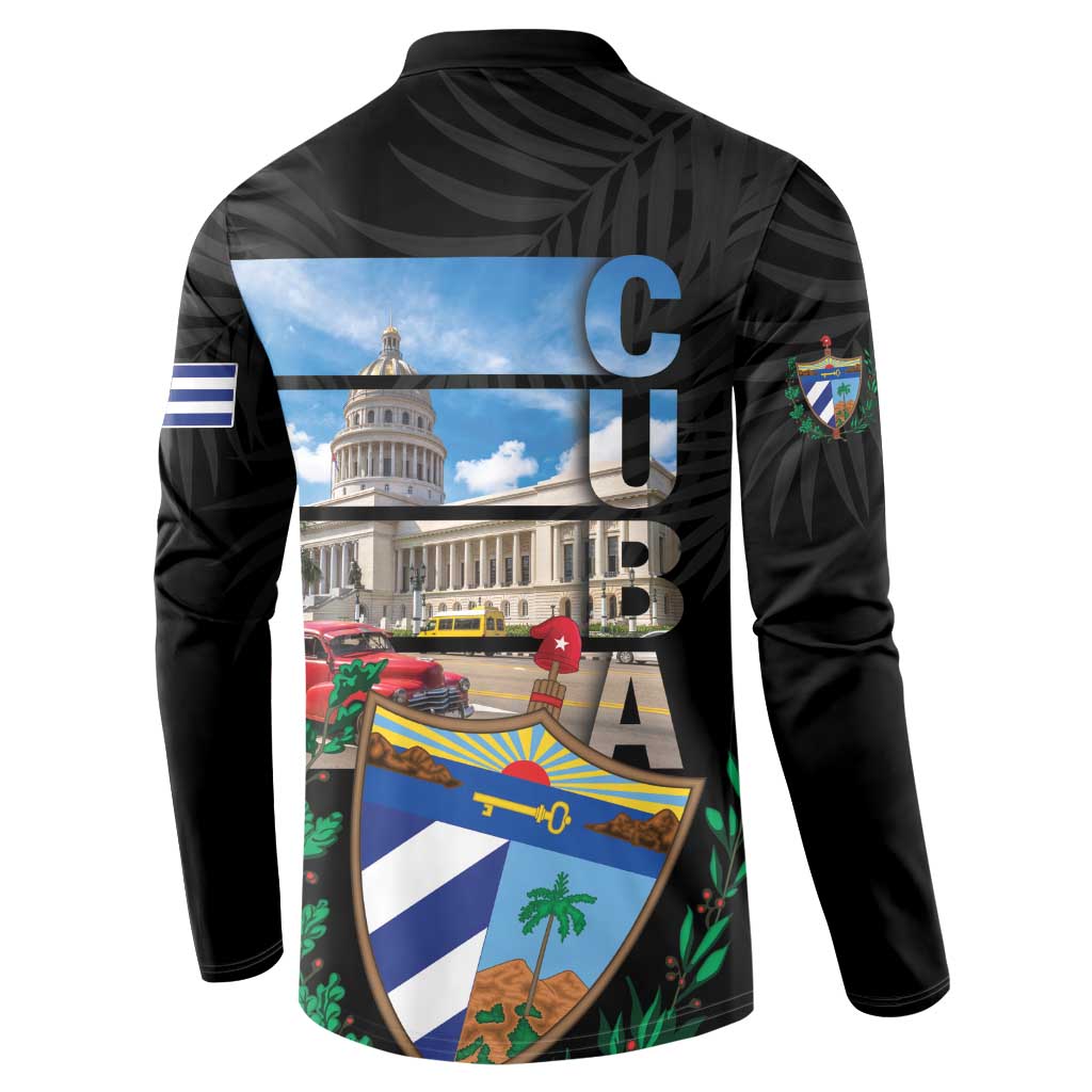 Black button sweatshirt with Cuban back graphic and large vertical letter design.