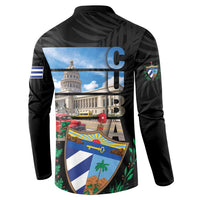 Black button sweatshirt with Cuban back graphic and large vertical letter design.
