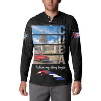 Black button sweatshirt worn front view with Cuban graphic and 'Where my story begin'.
