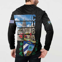 Black button sweatshirt worn back view with Cuban crest and large vertical letters.
