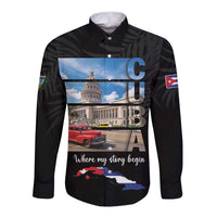 Black long-sleeve button-up shirt with front graphic panel and Cuban flag detail