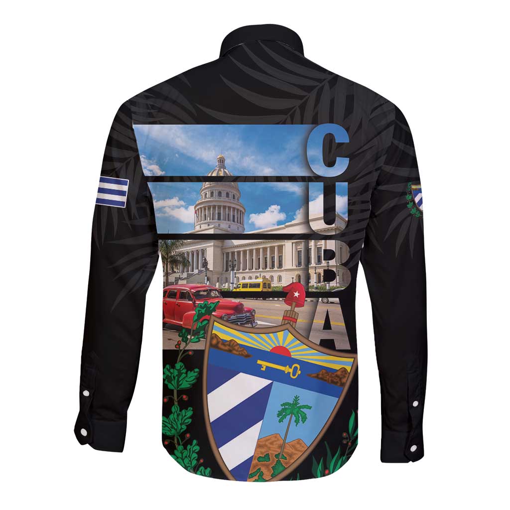 Black long-sleeve button-up shirt with back graphic and large Cuba typography