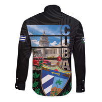 Black long-sleeve button-up shirt with back graphic and large Cuba typography