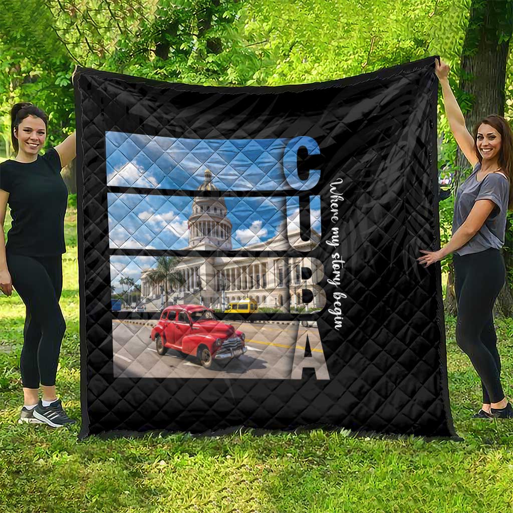 Black quilt with diamond quilting and Cuba print featuring capitol building, blue sky, red car