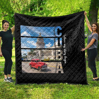 Black quilt with diamond quilting and Cuba print featuring capitol building, blue sky, red car