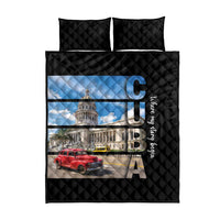 Black quilt bed set with CUBA letters, El Capitolio image, blue sky, and red car graphic