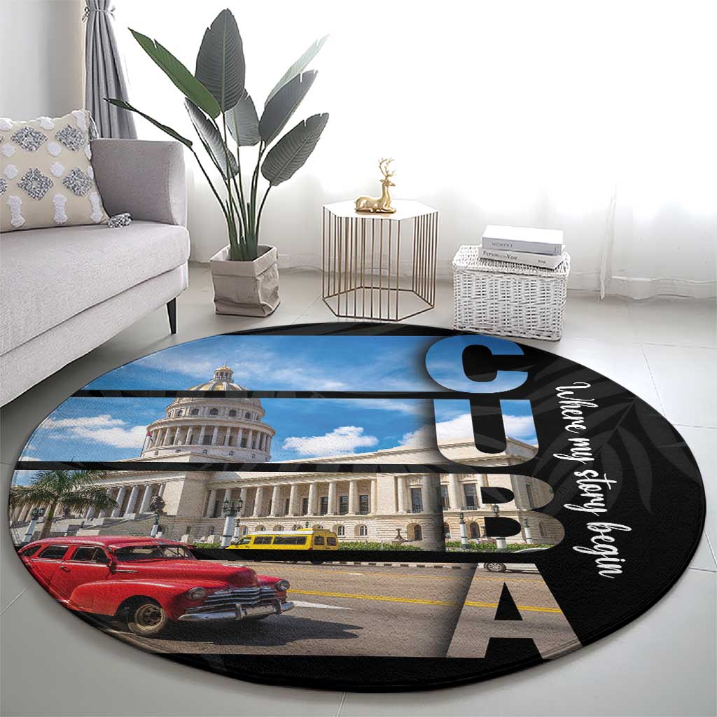 Black round area rug on floor with Havana building and vintage cars graphic