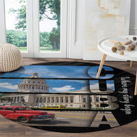 Black round area rug with Havana capitol image and red car graphic