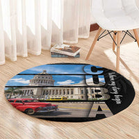Black round area rug with Havana building, yellow bus and red car print