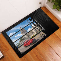Black rubber doormat, CUBA design with Capitol building, red car and palm leaves