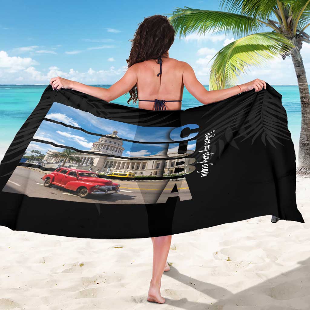 Black printed sarong featuring Cuba lettering and red car street scene graphic