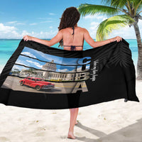 Black printed sarong featuring Cuba lettering and red car street scene graphic