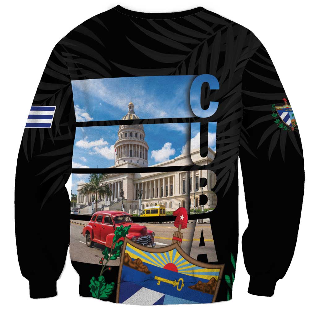 Black unisex sweatshirt with Cuba skyline graphic, large CU-BA letters, and slogan at lower front