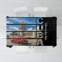 Black tablecloth with Cuba artwork, large CUBA letters, building and cars print
