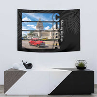 Black Cuba tapestry with capitol building artwork, red car scene, and blue C U B A letters