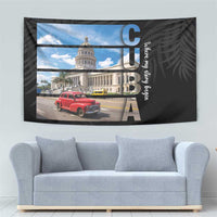 Black Cuba tapestry featuring capitol dome, red classic car, and blue C U B A graphic text