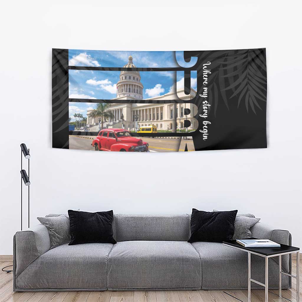 Black Cuba tapestry with capitol dome image, red vintage car, and blue C U B A letters