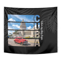 Black Cuba tapestry close-up with capitol dome, red car, blue C U B A letters, and palms