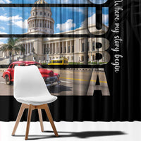 Black window curtain close-up with blue-sky city print, red truck, and vertical CUBA text