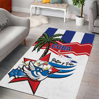 Rectangular Cuba-themed area rug with bird and palm on blue red white stripes, 'Patria y Vida'