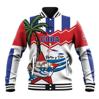 Unisex white baseball jacket with Cuba graphic front and ribbed varsity collar