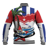 Unisex white baseball jacket with Cuba emblem and striped ribbed hem