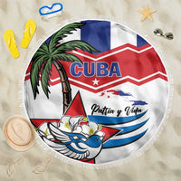 Cuba beach blanket, white round towel with fringe and colorful Cuba flag graphic