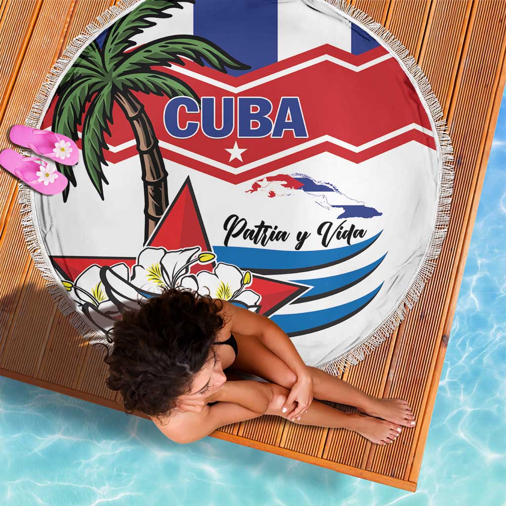 White round beach blanket with fringe, Cuba emblem and palm tree graphic