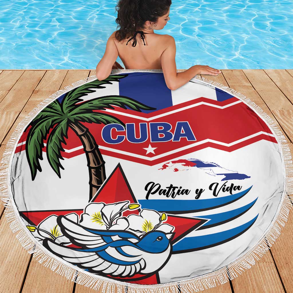 White round beach blanket with fringe, Cuba flag and 'Patria y Vida' print