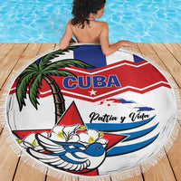 White round beach blanket with fringe, Cuba flag and 'Patria y Vida' print