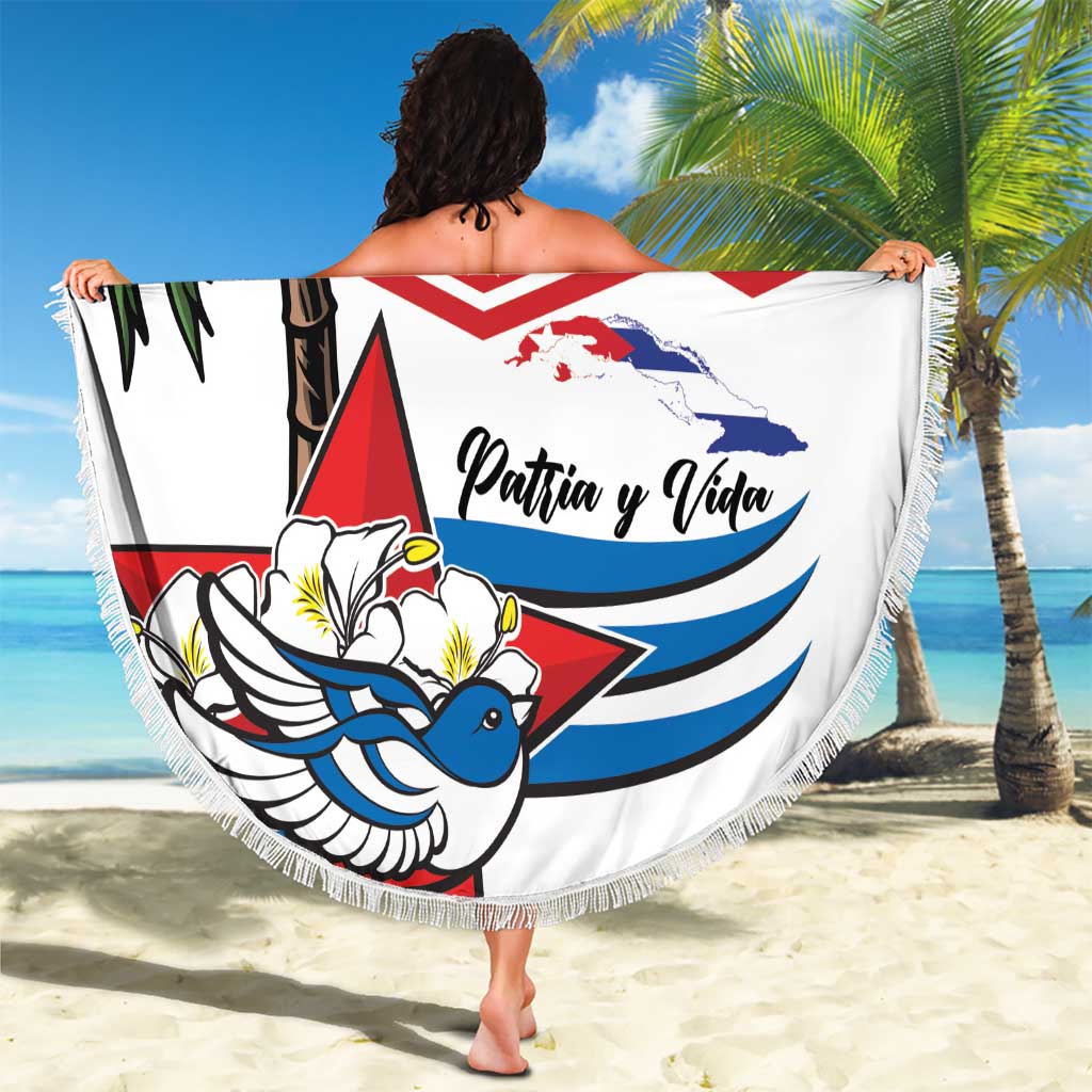 White round beach blanket with fringe, Cuba 'Patria y Vida' wave and bird design