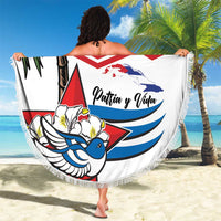 White round beach blanket with fringe, Cuba 'Patria y Vida' wave and bird design