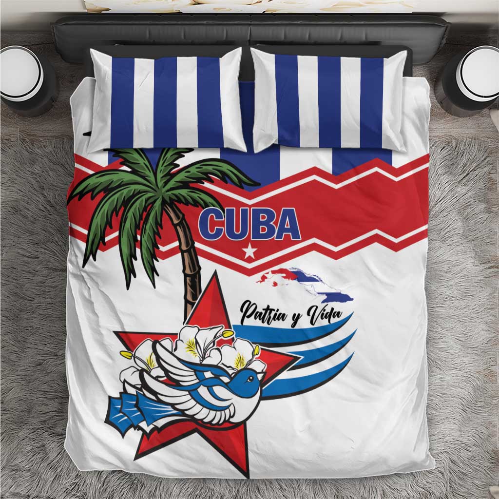 Cuban-style bedding set with white-and-blue striped pillowcases and Cuba flag duvet