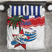 Cuban-style bedding set with white-and-blue striped pillowcases and Cuba flag duvet