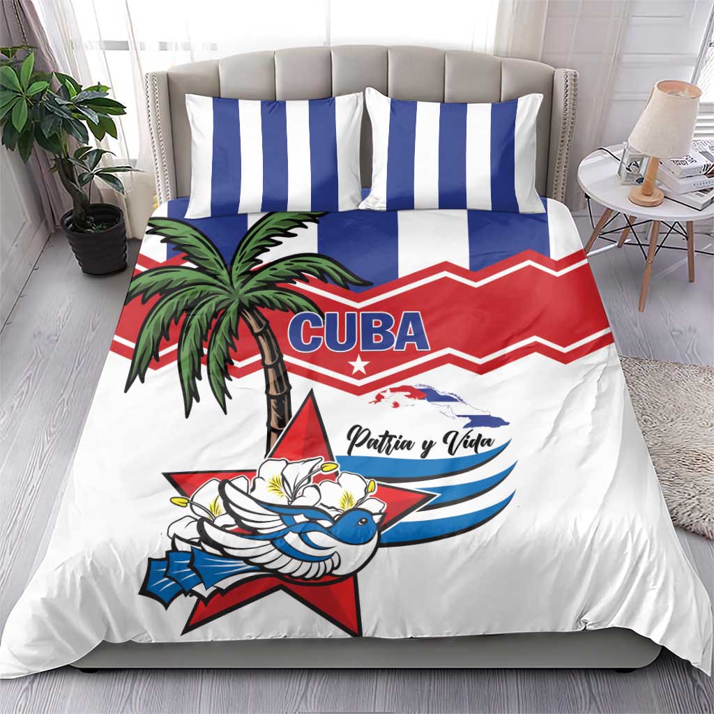 Cuba flag themed bedding set: white duvet with red/blue graphic and striped pillows