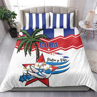 Cuba flag themed bedding set: white duvet with red/blue graphic and striped pillows