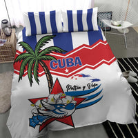 Cuba-themed duvet bedding set with striped pillow and bird emblem on white fabric