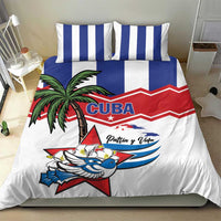 Cuba flag print bedding set featuring white duvet, striped pillowcases, and crest graphic