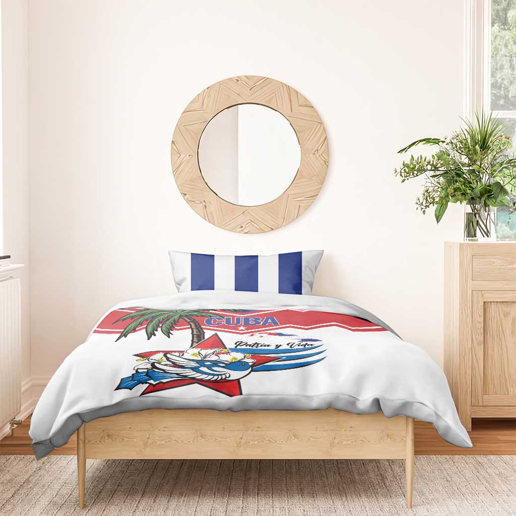 Cuba-themed duvet bedding set with white fabric, red/blue graphics, and striped pillow
