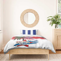 Cuba-themed duvet bedding set with white fabric, red/blue graphics, and striped pillow