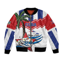 Unisex white bomber jacket with front zipper, black ribbed cuffs, Cuban flag graphic