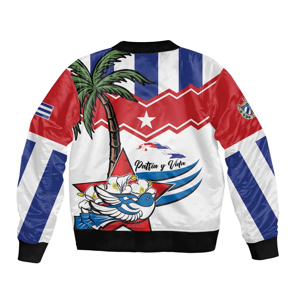 Unisex white bomber jacket with Cuban flag sleeves, black ribbed hem and zipper front