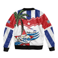 Unisex white bomber jacket with Cuban flag sleeves, black ribbed hem and zipper front